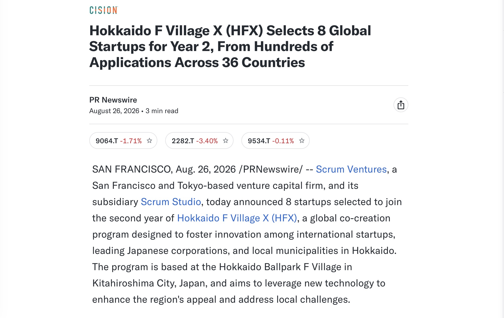Hokkaido F Village X (HFX) Selects 8 Global Startups for Year 2, From Hundreds of Applications Across 36 Countries